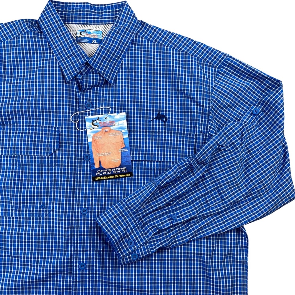 World Wide Sportsman Mens XL Offshore Plaid Fishing Shirt UPF 45 Blue NWT